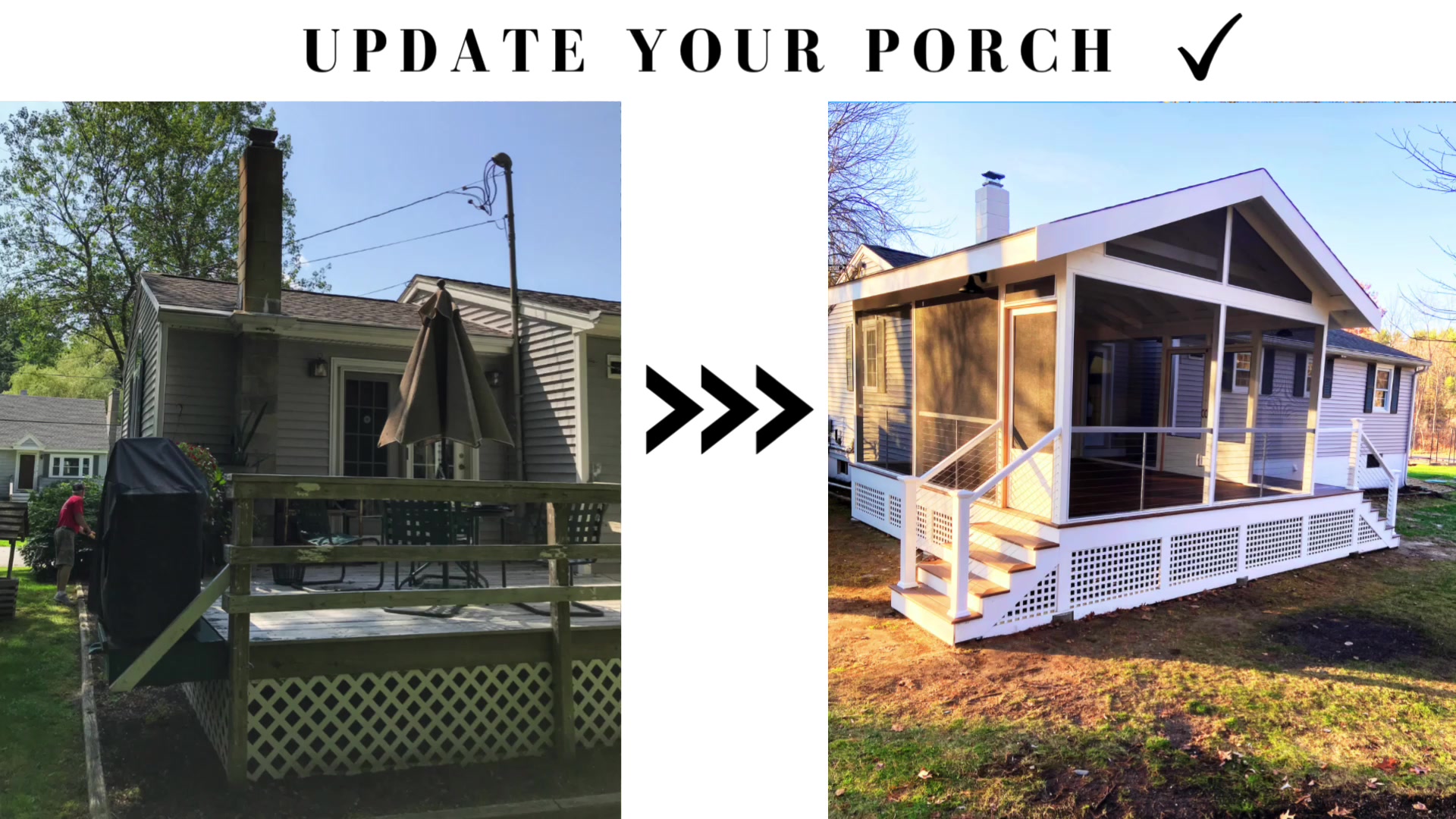 Before and after a screened porch renovation, from Heart + Hammer’s own video